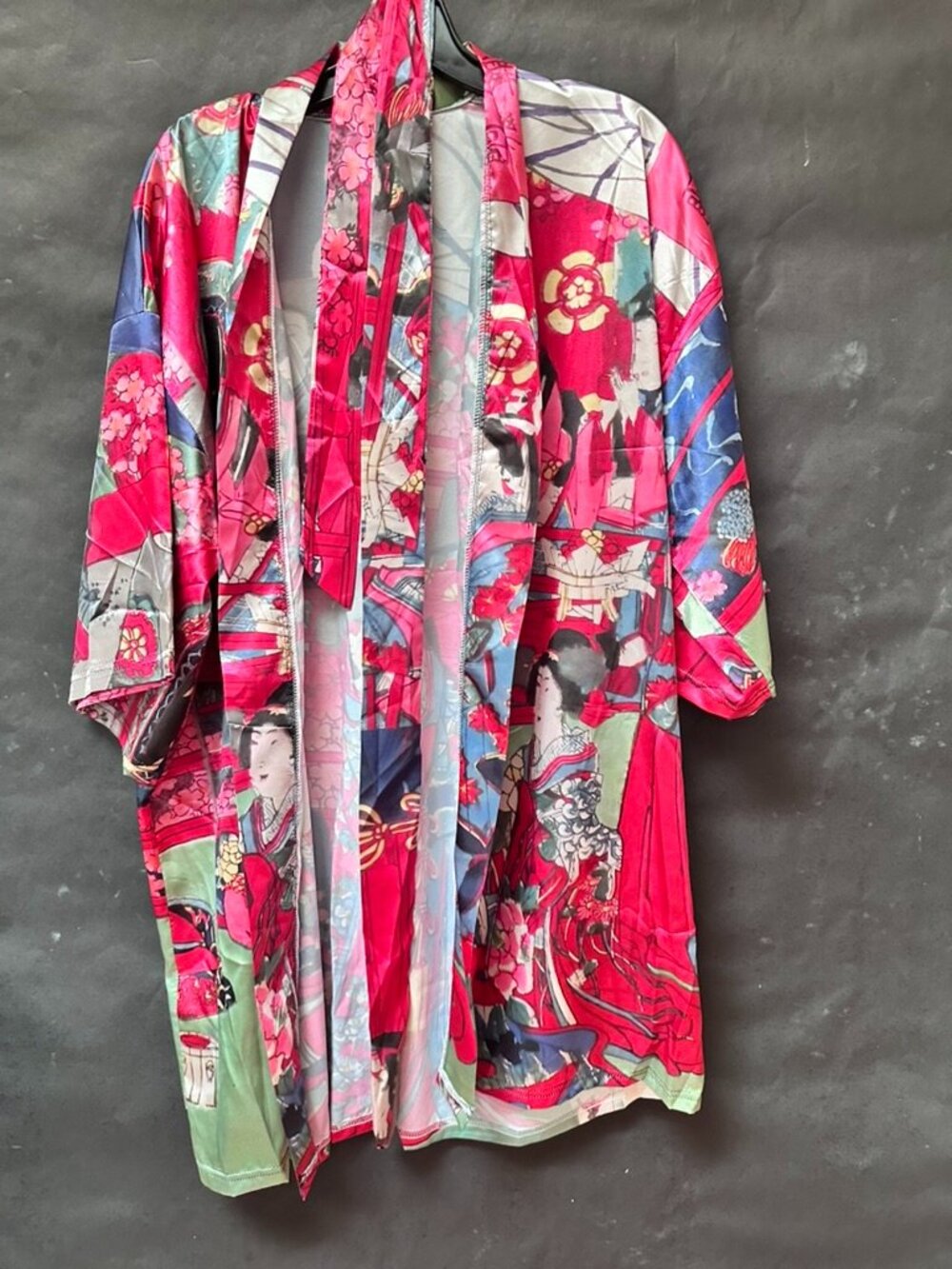 Toyohara Chikanobu Red Geisha Girls Glossy Short Sleeve Kimono Robe Size XL OS - Picture 7 of 9